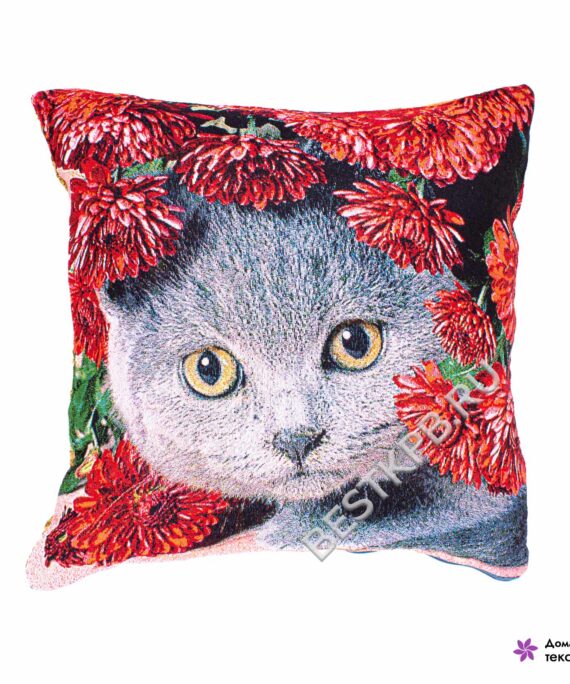 Гобеленовая наволочка для подушки с рисунком кота